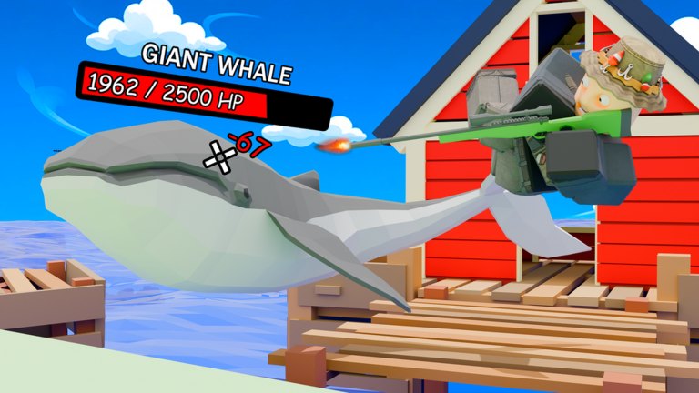 Roblox avatar with a sniper rifle fighting a Giant Whale beside a red dock house in How to Really Fish