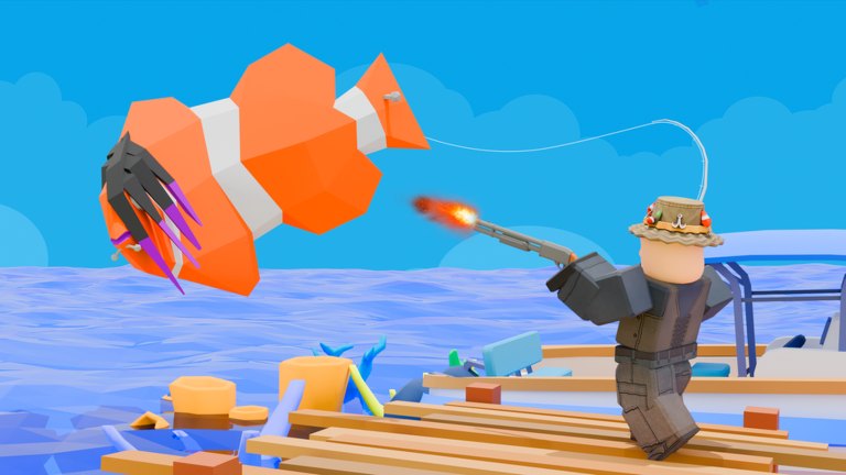 Player on a wooden boat dock shooting a hooked orange clawed fish in How to Really Fish on Roblox